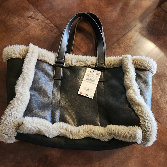 ZARA Fleece Tote Bag Brown Shearling - Picture 7 of 7